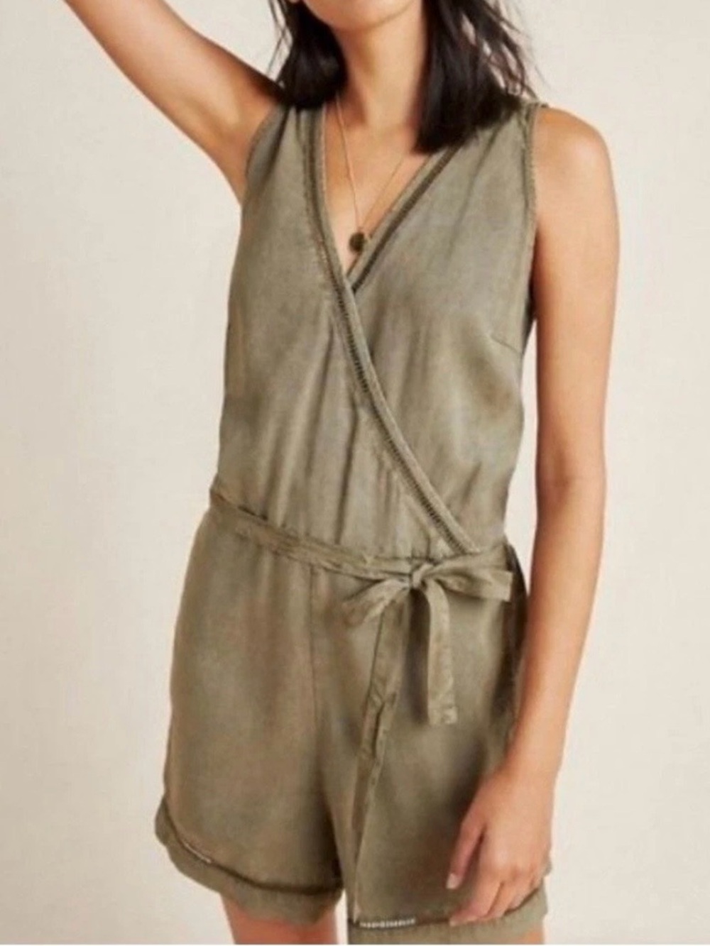 Anthropologie Olive Wrap-Front Romper with Tie Waist